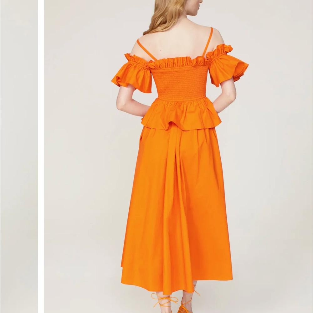 Toccin Orange Midi Dress SMALL Smocked Cottage Ruffle Cotton Designer $500 - Picture 2 of 11